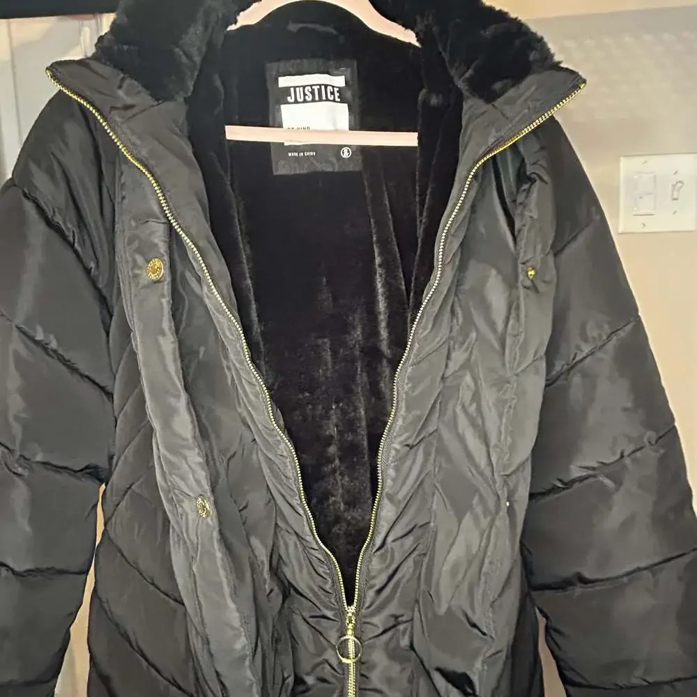 Justice Girls Black Puffer Jacket with Faux Fur Lining and Gold Hardware